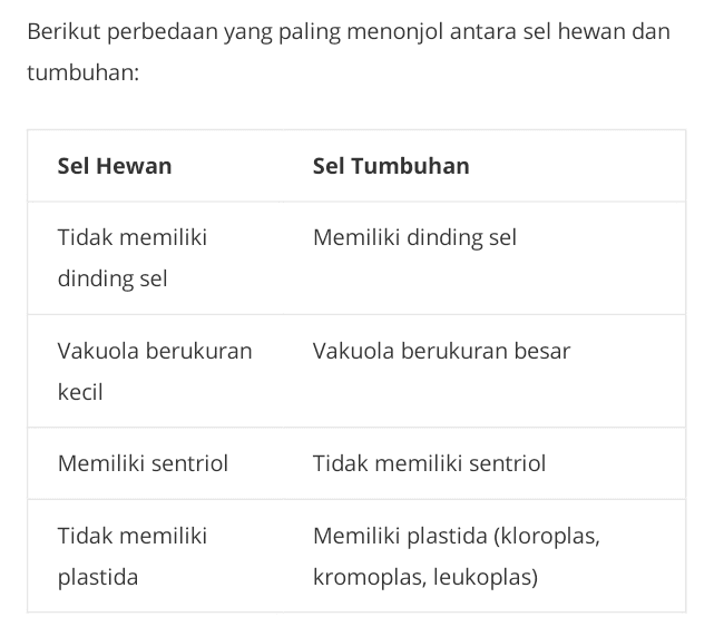 Berikut perbedaan yang paling menonjol antara sel hewan dan tumbuhan: Sel Hewan Sel Tumbuhan Tidak memiliki Memiliki dinding sel dinding sel Vakuola berukuran Vakuola berukuran besar kecil Memiliki sentriol Tidak memiliki sentriol Tidak memiliki Memiliki plastida (kloroplas, kromoplas, leukoplas) plastida 
Perbedaan Sel Hewan Sel Tumbuhan Bentuk Sel Bentuknya bermacam- macam dan Bentuknya kaku dan jarang berubah bentuk bisa berubah bentuk Ukuran Sel Kecil Besar Dinding Sel Tidak ada Ada Ada Ada Matriks Ekstraseluler Lisosom Jarang ditemukan Umumnya banyak terdapat sel hewan Peroksisom Ada Ada Glioksisom Tidak Ada ada/jarang Elastisitas Jaringan Tinggi, tidak ada dinding sel Rengah, ada dinding sel Letak Inti Sel Terletak di tengah sel Terletak di peripheral sitoplasma Sentrosom/Sentriol Ada Tidak ada/jarang ditemukan Organel Respirasi Mitokondria Mitokondria dan kloroplas (plastida) Vakuola Sel kecil dan Tunggal, tapi sangat besar banyak Silia Sering ditemukan Sangat jarang ditemukan Flagela Sering ditemukan Jarang ditemukan Pembentukan Secara Secara anastral Spindle amphiastral 