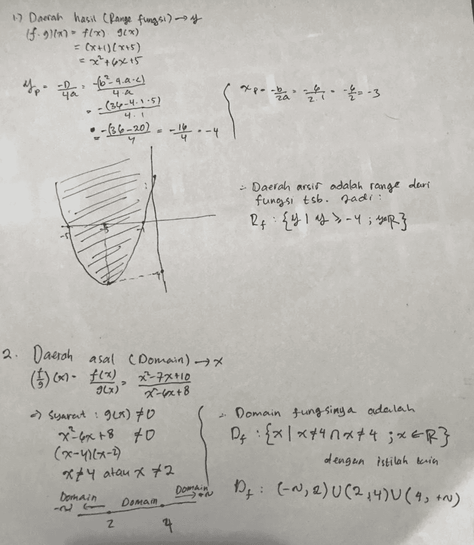 1.) Daerah hasil (Range fungsi) y if. 967 - flx) gix) = (x+1)(x+5) = x² + 6x15 (6² 4.0.4) expo che ha -1 4-3 4.a - (34-4.1.5) 4. .:-(36-20) ---4 ។ 다 - Daerah arsir adalah range dari fungsi tsb. sadi. Rf: {Y 1 ay 3-4; yap} 2. Daerah asal (Domain) x Domain fungsinya adalah Df : {x1 **40*44 ;XER} (6) (6) f(x), *-7X+0 g(x) X-6x+8 a) Syarat: 9x) 70 x² - 6x +8 40 70 (x-4)(x-2) xt4 atau x 72 Domain Domain Domam 다 dengan istilah keria De: (-w, 2) U(244)U(4, +-) z 