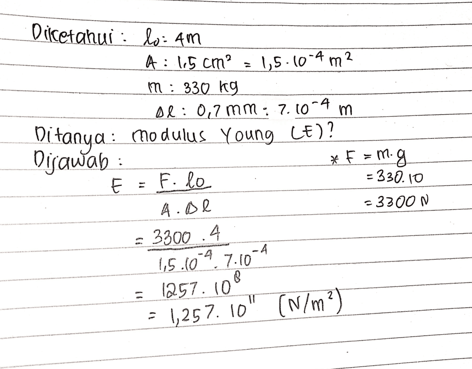 Diketahui lo: Am 2 A: 1,5 cm? 1,5.10-4 m In : 330 kg Dl: 0,7 mm . .7.10-4 m Ditanya: modulus Young LE)? Dijawab *F=m. g E F. lo - 330.10 -3300N : - -A A.De = 3300.4 1,5.10-4.7.10 = 1257.100 - 1,257 10" (N/m?) 