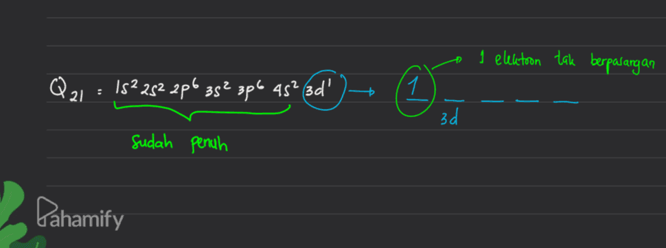 i elektron tak berpasangan Q21: 15²252 2p6 35² 3p6 45² 3d + 1 3d sudah penuh Pahamify 