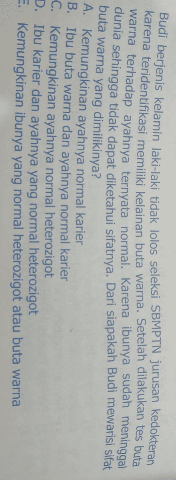 Budi berjenis kelamin laki-laki tidak lolos seleksi SBMPTN jurusan kedokteran karena teridentifikasi memiliki kelainan buta warna. Setelah dilakukan tes buta warna terhadap ayahnya ternyata normal. Karena ibunya sudah meninggal dunia sehingga tidak dapat diketahui sifatnya. Dari siapakah Budi mewarisi sifat buta warna yang dimilikinya? A. Kemungkinan ayahnya normal karier B. Ibu buta warna dan ayahnya normal karier C. Kemungkinan ayahnya normal heterozigot D. Ibu karier dan ayahnya yang normal heterozigot E. Kemungkinan ibunya yang normal heterozigot atau buta warna 
