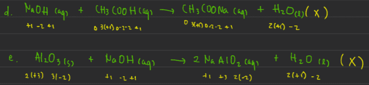 d. NaOH caq? + CH3 COOH cago > CH3COONa cans 034002-2+1 + H2O^)(x) +1 -2.41 0 3(+1) 0-1-2 4, Z[41)-2 e. Al2O3 is) + NaOH cago → 2 Na AIO ₂ cage + H2O ces (x) 2.(+3) 31-2) + - + to +3 2(2) 2(+1)-2 
• Pada reaksi redoks: Terdapat reduksi dan oksidasi sekaligus. Jika hanya salah satu maka bukan reaksi redoks. Apalagi kalau tidak ada yang mengalami perubahan biloks sudah jelas bukan redoks. Untuk itu, cek biloks masing-masing unsur dalam persamaan reaksinya: a. AgNO3 ingo ti 75 3(-2) NaCl caqs Agcliss + NaNO3 Cay) (x) +1 +5 3(-2) +1 - + -1 Red b. akl lago + Clargo Inca + zk ci caps (v) +1 -1 0 +- bles C. NH3 Leg) + H₂O (li - NHq cago + Olt cago "(x) - 3 3(+1) 2(+1)-2 -3 4(70) -241 Pahamify 
