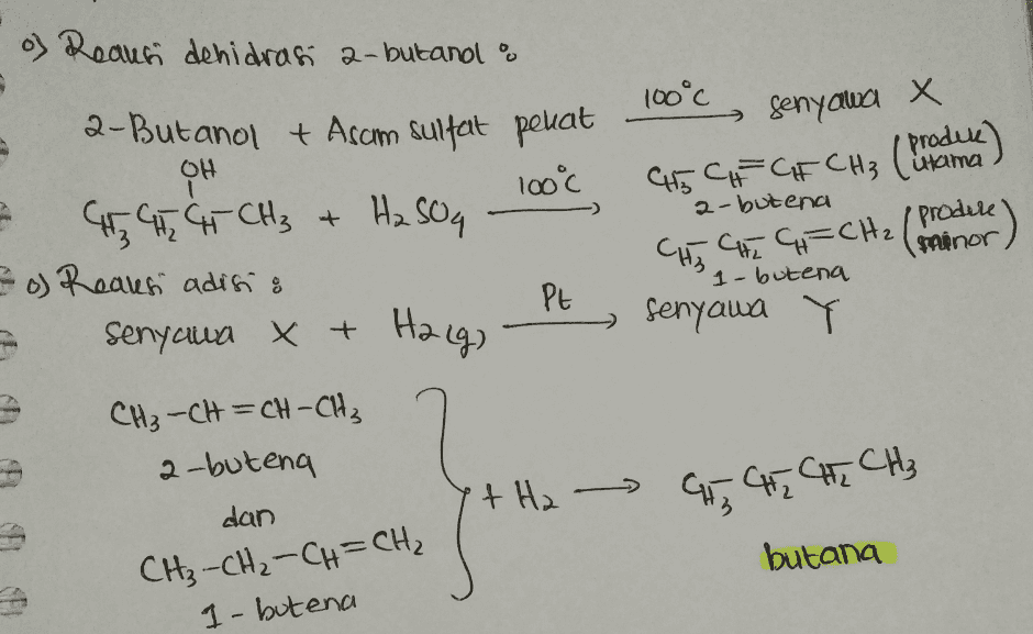 of Reaus dehidrasi a-butano a c 2-Butanol + Asam sulfat pekat OH 100c 43 44 CH₃ + H2SO4 zo Realusi adisi & Pt senyawa X + 100°c produse) 415 CHCECH₃ (utama 2-butena CAG=CH2 (monor senyawa Y senyawa X Сн, * I ) 1- butena Halg) CH₃ -CH=CH-CH3 a butena dan 't Ha G 4 CHI CH₂ butana CH₃ -CH ₂ -CH=CH₂ 1- butena 