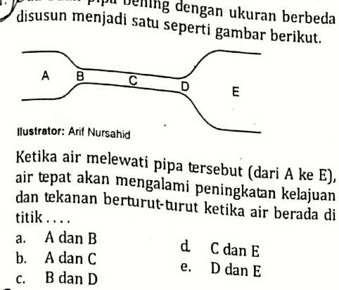 ning dengan ukuran berbeda disusun menjadi satu seperti gambar berikut. А B с E llustrator: Arif Nursahid Ketika air melewati pipa tersebut (dari A ke E), air tepat akan mengalami peningkatan kelajuan dan tekanan berturut-turut ketika air berada di titik .... a. A dan B d C dan E b. A dan C D dan E c. B dan D e. 