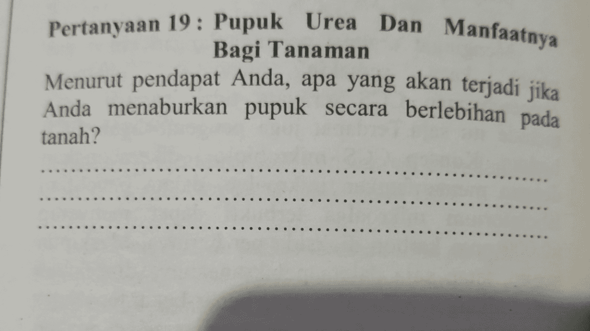 Pertanyaan 19: Pupuk Urea Dan Manfaatnya Bagi Tanaman Menurut pendapat Anda, apa yang akan terjadi jika Anda menaburkan pupuk secara berlebihan pada tanah? 