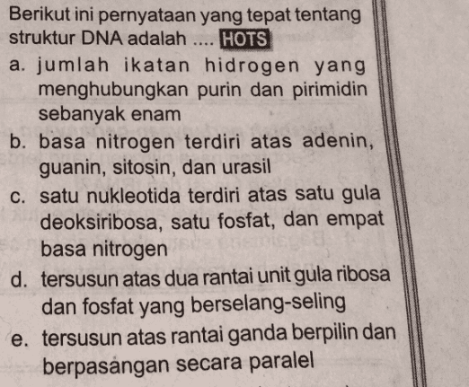 Berikut ini pernyataan yang tepat tentang struktur DNA adalah .... HOTS a. jumlah ikatan hidrogen yang menghubungkan purin dan pirimidin sebanyak enam b. basa nitrogen terdiri atas adenin, guanin, sitosin, dan urasil c. satu nukleotida terdiri atas satu gula deoksiribosa, satu fosfat, dan empat basa nitrogen d. tersusun atas dua rantai unit gula ribosa dan fosfat yang berselang-seling e. tersusun atas rantai ganda berpilin dan berpasangan secara paralel 