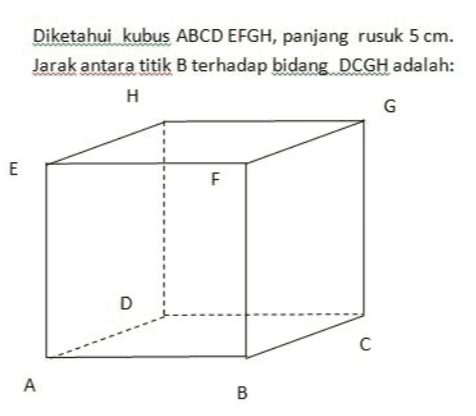 Diketahui kubus ABCD EFGH, panjang rusuk 5 cm. Jarak antara titik B terhadap bidang DCGH adalah: H G E F D с A B 