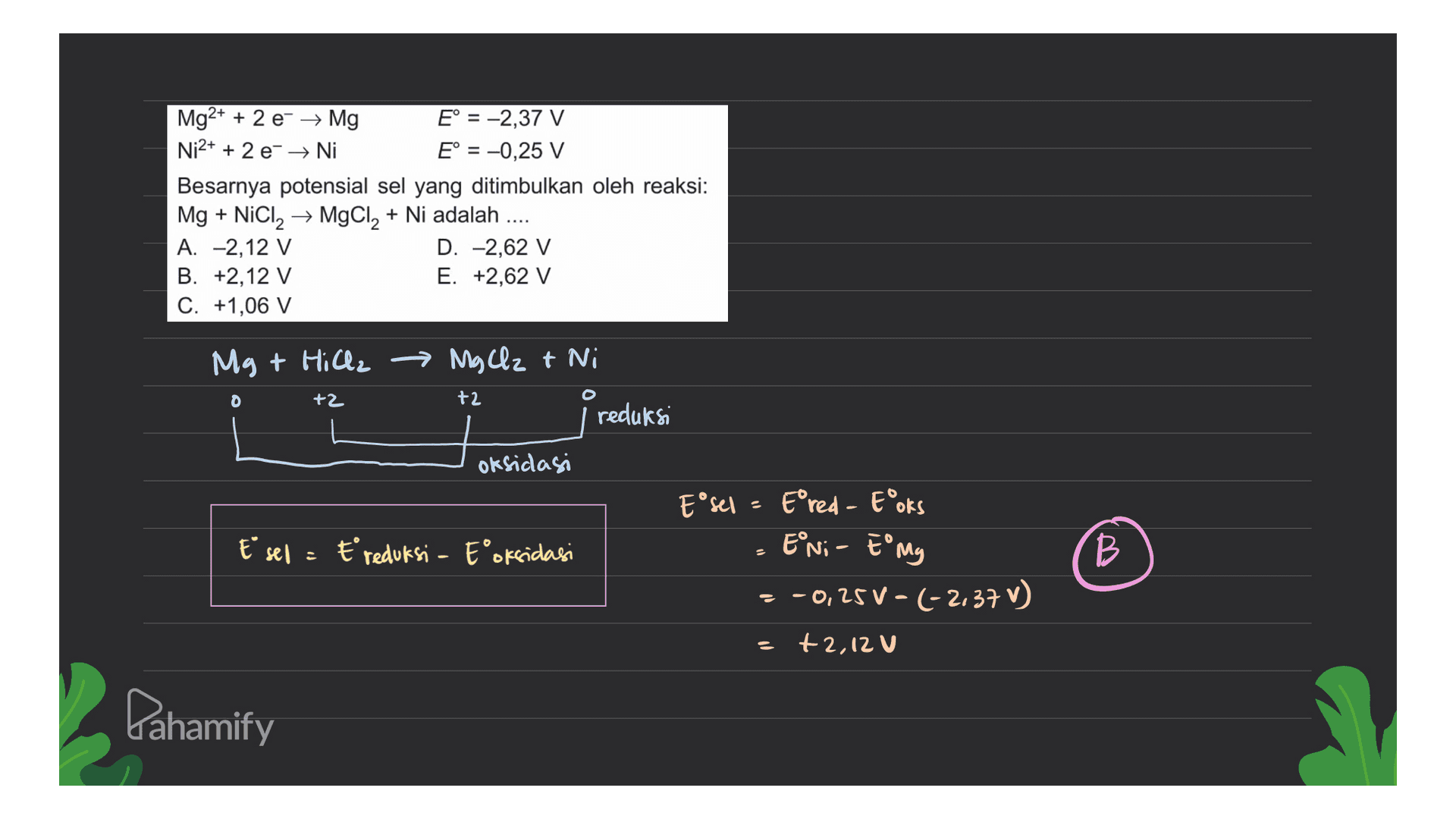 Mg2+ + 2 e → Mg E° = -2,37 V Ni2+ + 2 e → Ni E° = -0,25 V Besarnya potensial sel yang ditimbulkan oleh reaksi: Mg + NiCl2 → MgCl2 + Ni adalah .... A. -2,12 V D. -2,62 V B. +2,12 V E. +2,62 V C. +1,06 V Mg + Hill → MgCl2 + Ni O +2 +2 O reduksi oksidasi Eºsel - Eºred - Eºoks E sel = ' reduksi - Epoksidasi Eni - Elmg B В -0,25 V-(-2.37 v) +2,12 V Pahamify 