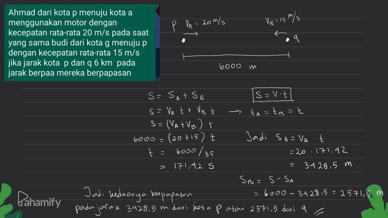 P VA = 20 m/s VB =15 m/s Ahmad dari kota p menuju kota a menggunakan motor dengan kecepatan rata-rata 20 m/s pada saat yang sama budi dari kota g menuju p dengan kecepatan rata-rata 15 m/s jika jarak kota p dan q 6 km pada jarak berpaa mereka berpapasan 600o А -> s- А Jadi SA=VA.t S=SATSB S=vot s=VA tt VB it ta=tr=t S=(VATVB) t 6000 = (20 tis) z +15 t = 6000/35 =20 171,42 171,42 s 34 28,5 m SB=S-SA =6000 - 342815=2571,5 m pada jarak 3428,5 in dari kota p atau 2571.5 dari a Pahamify Jadi keduanya berpapasan 