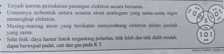 Ikatan kovalen tunggal HOCI: H-CI: - Ikatan kovalen rangkap 2 öckö Ö=C=0 -Ikatan kovalen rangkap 3 NOON ÑER Ikatan kovalen koordinasi O=SO: 
5500 S • Terjadi karena pemakaian pasangan elektron secara bersama. - Umumnya terbentuk antara sesama atom nonlogam yang sama-sama ingin menangkap elektron. - Masing-masing atom yang berikatan menyumbang elektron dalam jumlah yang sama. Sifat fisik: daya hantar listrik tergantung polaritas, titik leleh dan titik didih rendah, dapat berwujud padat, cair dan gas pada R.T. Xx 20: Sumber Gambar: google.co 