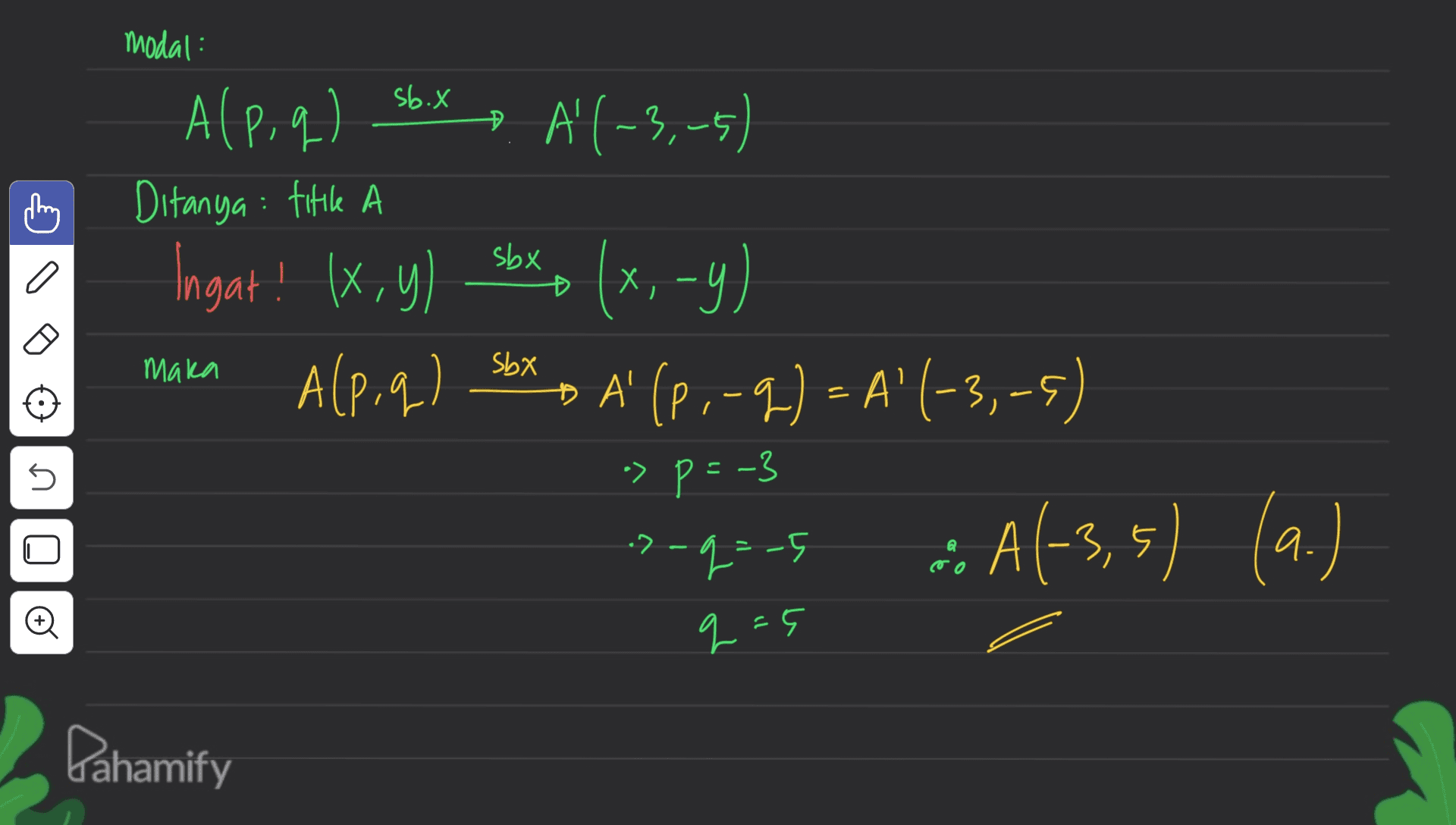modal: sbx a X X A(p, q) soix. A' (-3,-5) A ( Ditanya: titile Ingat! (x,y) (x,-4) -y Alp, q) o A (P,-9) - A' (-3,-5) -> p=-3 ². A(-3,5) (a.) maka SbX = 5 2 @ q=-5 q=5 Dahamify 