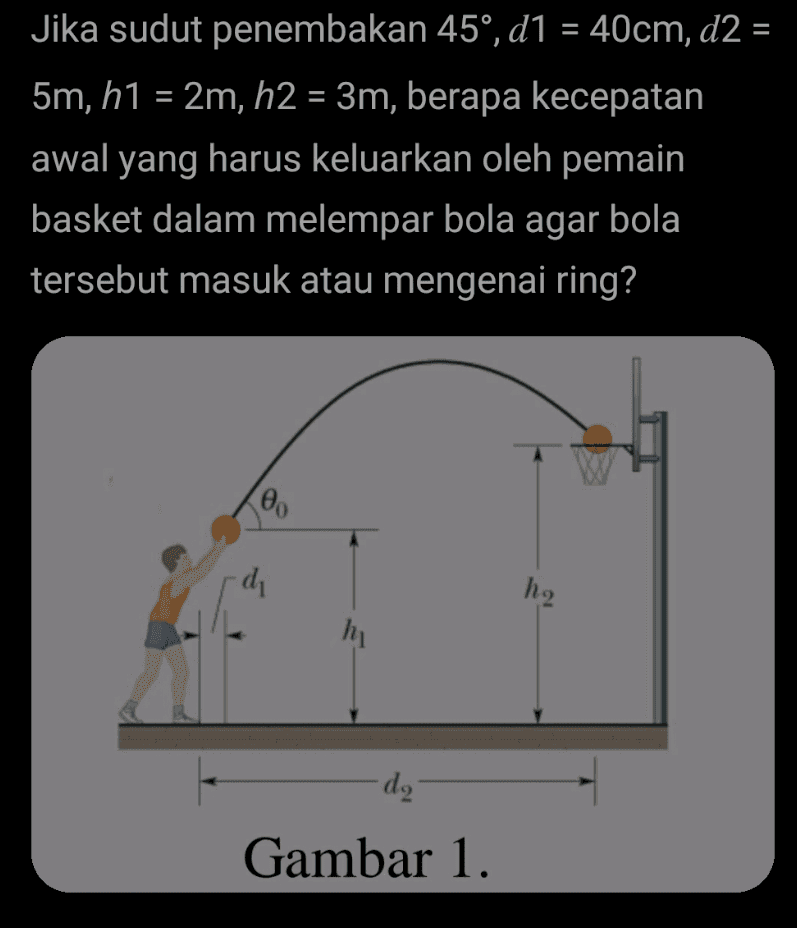 Jika sudut penembakan 45°, d1 = 40cm, d2 = 5m, h1 = 2m, h2 = 3m, berapa kecepatan awal yang harus keluarkan oleh pemain basket dalam melempar bola agar bola tersebut masuk atau mengenai ring? 1 di h2 hi de Gambar 1. 