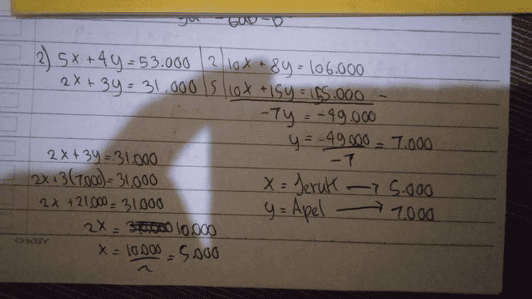 1) 3x +y =S y yos-3x 2x+3y = 8 2x+ 3(6-3x)=8 ₂X +is-gx=8 i-TX = 8-15 -7X = -7 x = -7 73x+y = 5 3(1) + y = 5 3 ty=s -4 y=2 -7 Hp. & 1; 2} 
2=(210x+ 2) 5x +44-53.000 2 10X *8y=106.000 + 2x+39= 31.000 s 10X *isy = 155.000 -7y = -99.000 y=-49000 - 7.000 2x+3y=31.000 - 7 2x + 3(7000)=31.000 x = Jeruk -75.000 2x +21.000 - 31000 y= Apel 2000 2X = Shoto 10.000 X = 10000 5.000 OKEY 