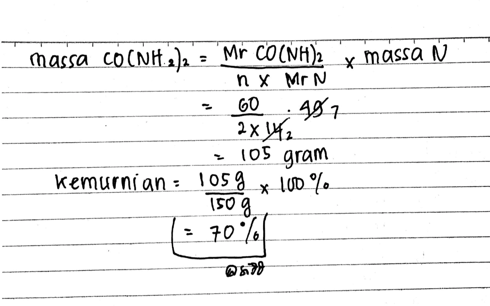 * massa N massa CO(NH 3 : Mr CO(NH2 nx Mr N M 49 2x WC 60 105 gram kemurnian: 1059 x 100% g 150 g 70% @678 