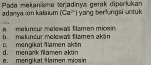 Pada mekanisme terjadinya gerak diperlukan adanya ion kalsium (Cat) yang berfungsi untuk a. meluncur melewati filamen miosin b. meluncur melewati filamen aktin c. mengikat filamen aktin d. menarik filamen aktin e. mengikat filamen miosin 