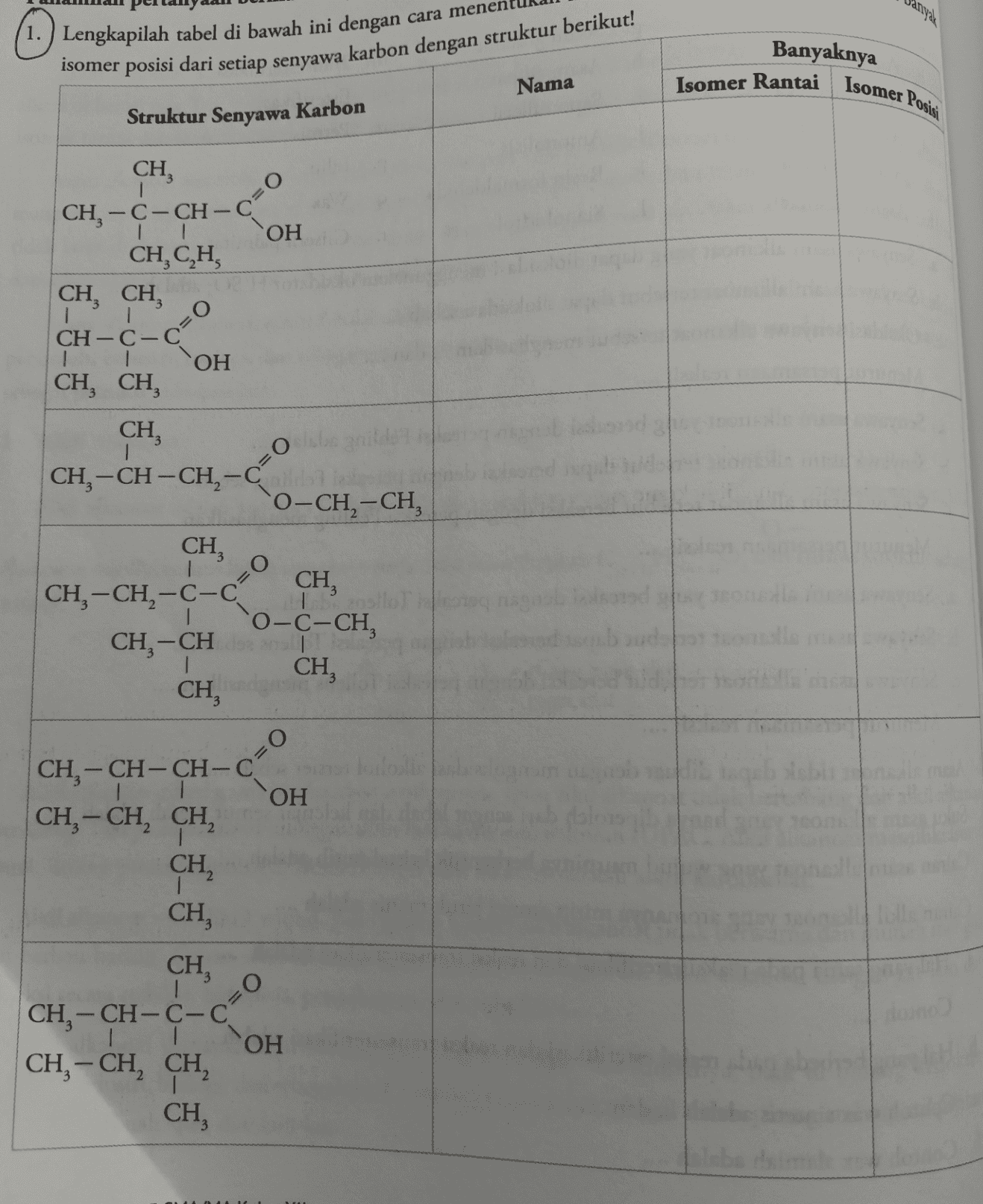 1.) Lengkapilah tabel di bawah ini dengan cara menen Banyaknya isomer posisi dari setiap senyawa karbon dengan struktur berikut! Isomer Rantai Isomer Posisi Nama Struktur Senyawa Karbon O=0 CH, 1 CH-C-CH-C ОН CH,CH, CH, CH, 1 CH-C-C ОН CH, CH, CH, CH, -CH-CH2-C O-CH2-CH, CH, CH, CH, -CH2-C-C | O-C-CH, CH-CH | | CH, CH 0 CH-CH-CH-C OH CH, - CH, CH, 1 CH, CH, CH I CH-CH-C-C OH CH, - CH, CH CH, O 