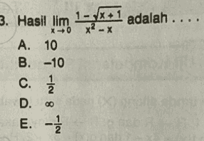 3. Hasil lim lim Sport Y**1 adalah .... A. 10 B. -10 C. D. 00 E. - 