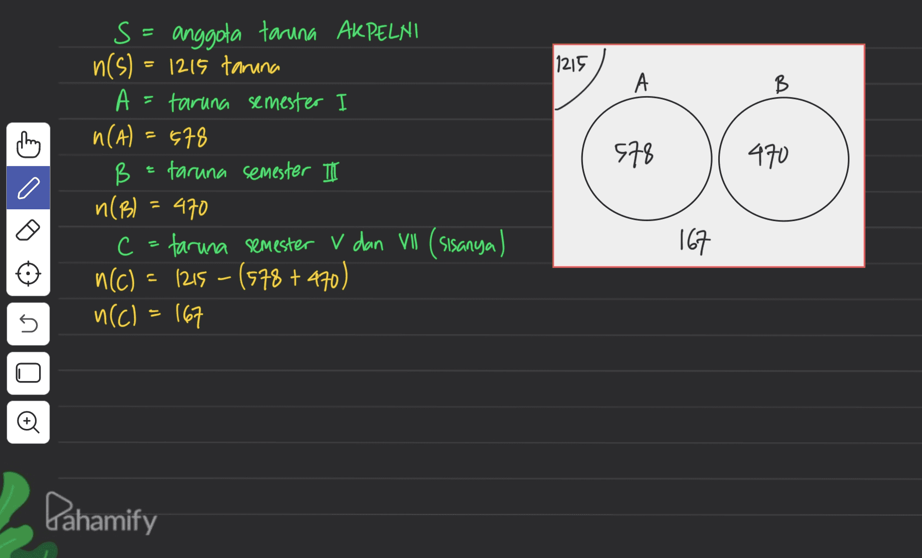 = 1215 A B В thing 978 470 s anggota taruna AKPELNI n(s) 1215 tarina А = taruna semester I n(A) = 678 B В taruna semester III n(B) = 470 с taruna semester v dan VII (sisanya) n(c) 1215 – (578 + 470) n(c) = 167 E 는 167 5 © Pahamify 