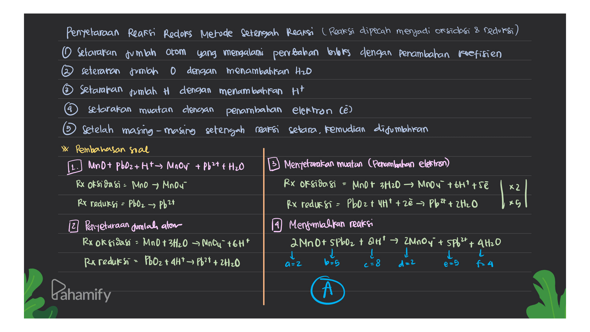 Penyelaraan Reaksi Reclors Metode Setengah Reaksi ( Reaksi dipecah menjadi or sidasi & redursi) O setarakan jumlah Otom yang mengalami perubahan bebles dengan penambahan koefisien O @seteraran jumlah 0 dengan menambahkan H2O Setarakan rumlah H dengan menambahkan H+ setarakan muatan clencsan penambahan elektron (e) 6 Setelah masing-masing setengah reaksi setara, kemudian disumbahkan * Pembahasan soal MnD+ PbO2+ H+ Mnoy + Pb2+ + H₂O = x2 Rx Oksidasi= MnO Mnou Rr reduksi = PbO2 Pb2t |31 x5 Mentetarakan muatan (Penambahan elettron) Rx oksidasi Mnor 3720 Mnou tohotse Rx redursi = Pbozt UHT + 22 Pb2+ + 2H2O A Mengimiahkan reaksi 2 MnOrspboz t ah? → ZMnOy + spb2 + 4H2O t 난 T t e=5 f= 4 12 Penyetaraan cumlah alom Rx oksidasi = MnO 13H2O Mno, T6H* Rx reduksi = PbO2 + 4H* — Pb2+ + 2H2O a=2 b=5 c=8 d=2 Pahamify 