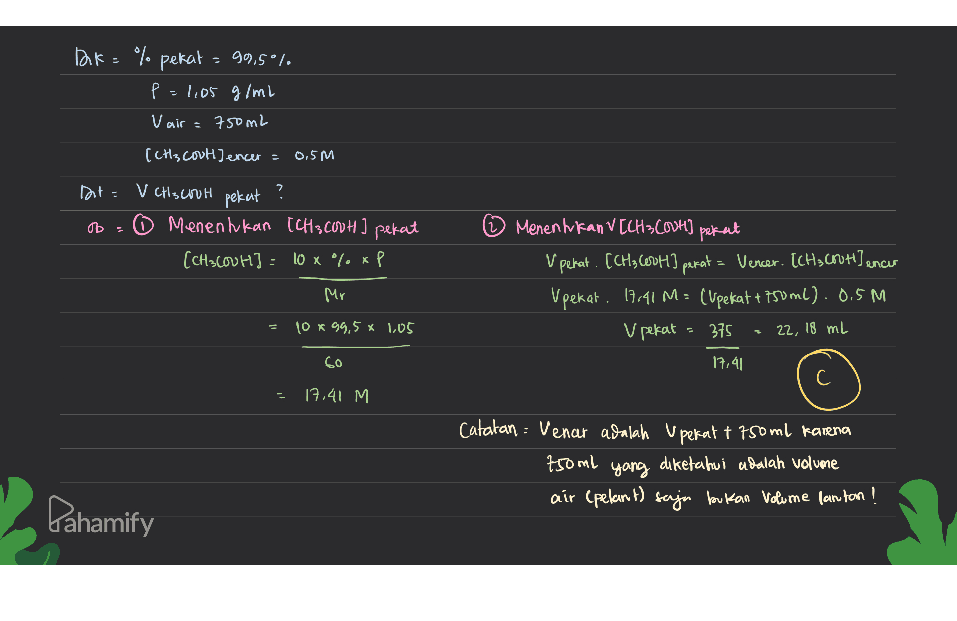 Dak: % pekat - 99,5*1. p=1,05 g/ml Vair 750 mL [CH3 cour] encer = 0.5M Int= V CH Scout pekat o ( To : 0 Menentukan [CH3COUH] pekat [CH3Cour] =100% xp Menentukan VICH3 Cout] pekat V penat. [CH3 COVH) parat - Vencer. ICH, COUH) encir Vpekat. 17.41 M = (upekat + 750ml). 0,5 M V pekat = 375 22, 18 mL Mr = 10 x 99,5 * 1.05 60 17,41 17,41 M Catatan : Venar adalah pekat 1 750 ml karena 750 ml yang diketahui adalah volume air (pelant) saja bukan Volume fantan! Dahamify 