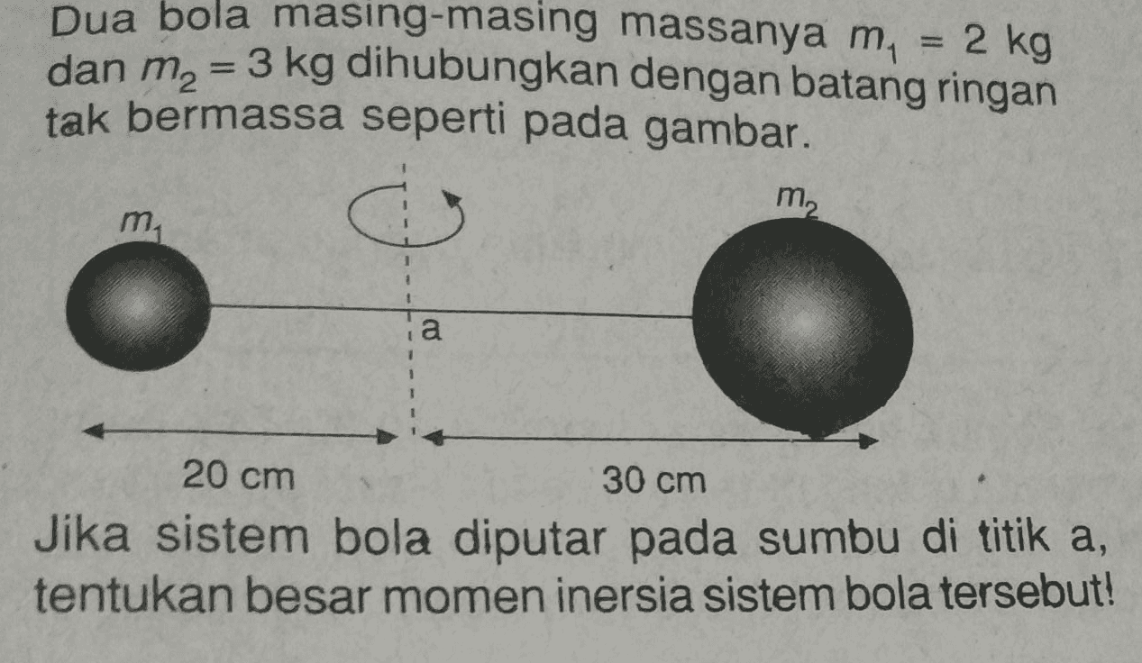 2 kg Dua bola masing-masing massanya m dan m = 3 kg dihubungkan dengan batang ringan tak bermassa seperti pada gambar. m, ma ia 20 cm 30 cm Jika sistem bola diputar pada sumbu di titik a, tentukan besar momen inersia sistem bola tersebut! 