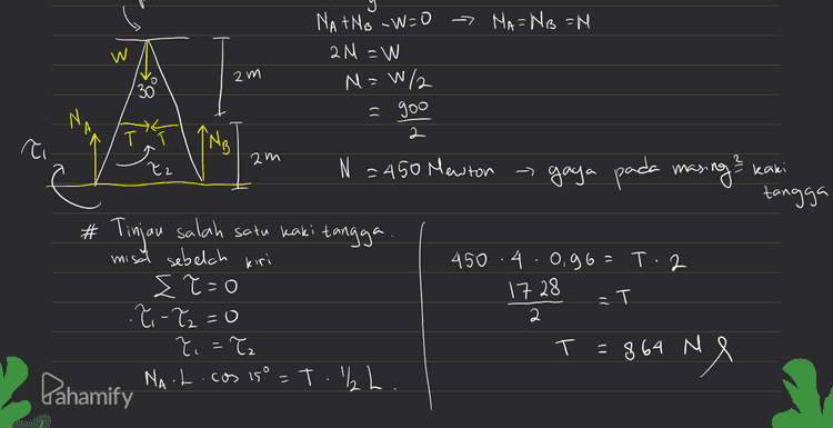 NA TNB - W=0 - MA=NB =H w 2M =W 2 m N=W/ goo Ne 2 м Tz N = 450 Mewton gaya pada masing kaki tangga 450.4.0,96= T.2 1728 # Tinjau salah satu kaki tangga . misal sebelch kiri E T=0 .?i-T2 =0 ?i=? Nact.cos 15° = T. l L. -T 2 T T = 864 N Me Pahamify 
2m 2tX A-A A A 2 м mendekati lantai mona 1 [2x Jika penopang digeser mendekat panjang lengan gaya * pada penopang aman bertambah akan bertambah. Hal ini membuat nilai pada pano pang juga akan baubah s Hal ini membuat nilai tegangan Pahamify 