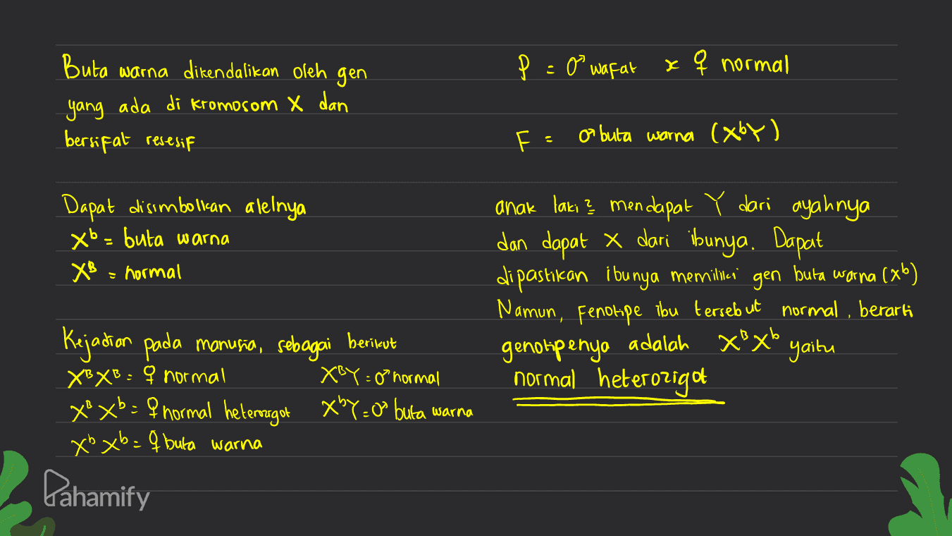 p=0 wafat xq normal Buta warna dikendalikan oleh gen yang ada di kromosom X dan bersifat resesif F = o buta warna (xby) Dapat disimbolcan alelnya Xb= buta warna XB = normal buta warna anak laki? mendapat ĭ dari ayahnya dan dapat X dari ibunya. Dapat dipastikan ibunya memilita gen (Xb) Namun, Fenotipe ibu tersebut normal, berarti genotipenya adalah xoxb yaitu normal heterozigot Kejadian pada manusia, sebagai berikut XBXB=q normal XBY: 8 normal xºxb= q normal heterozigot Xby=0" buta warna x² xb= qbuta warna Pahamify 