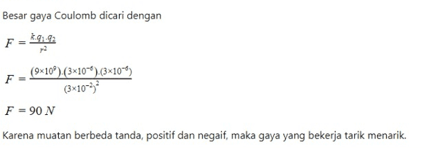 Besar gaya Coulomb dicari dengan F = k.91-92 2 F (9x10°) (3x10-6).(3x10-) (3x10-2 F = 90 N Karena muatan berbeda tanda, positif dan negaif, maka gaya yang bekerja tarik menarik. 