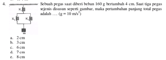 Sebuah pegas saat diberi beban 160 g bertambah 4 cm. Saat tiga pegas sejenis disusun seperti gambar, maka pertambahan panjang total pegas adalah .... (g = 10 m/s) KKg a. 2 cm b. 3 cm c. 6cm d. 7 cm e. 8 cm 