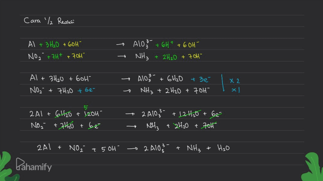 Cara / Reaksi + Al + 3 H₂O +60H NO₂ +7H+ +704 AlO3 + 6H* +60H NH3 + 2H₂O + 70H Al + 3H₂O + 604 NO₂ + 7H2O + Ge- AlO3 + 6H2O + 3e NH3 + 2H2O + 704 X 2 x] - 5 - 2AL + 6H20 + 120H NO₂ +71h the 2A10,3 +12420+ be NH3 + 2H2O + 7014 + - 2AL + NO3 + 5 OH 2 AIO + NH₃ + H₂O Pahamify 