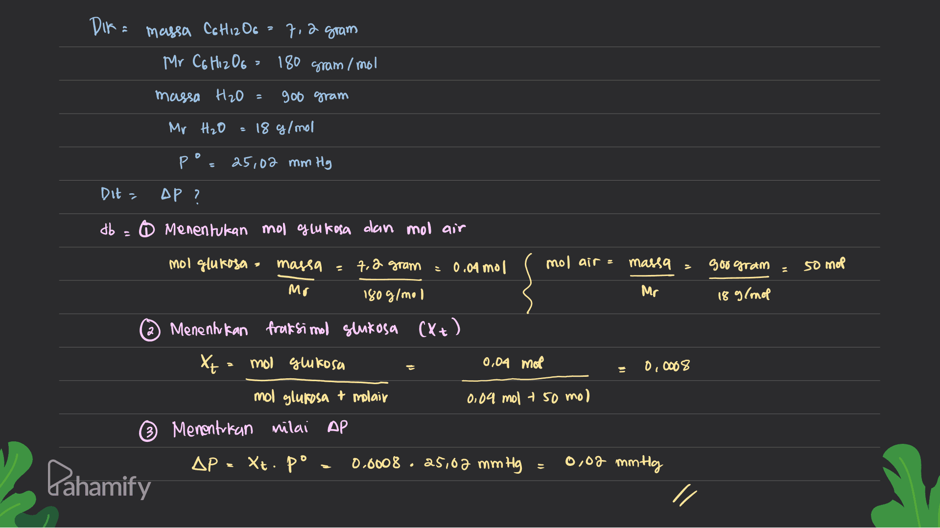 Dira massa Colliz Oo 7,2 gram Mr C6H12O6 = 180 gram /mol massa H2O goo gram Mr H₂O 18 g/mol po 25,02 mm Hg Dita ДР ? ob = 6 Menentukan mol glukosa dan mol air mol glukosa = massa = 7,2 gram 0,04 mol mol air = massa goo gram : 50 mop Mr 180 g/mol Mr 18 9/mol (2) Menentukan fraksi mod slnkosa (X+) Xx= mol glukosa 0,04 mol 0.0008 mol glukosa + molair 0,04 mol + 50 mol © Menentukan nilai AP ДР. Х. Р° - 0.0008 . 25,02 mm Hg 0,02 mmtly Dahamify 