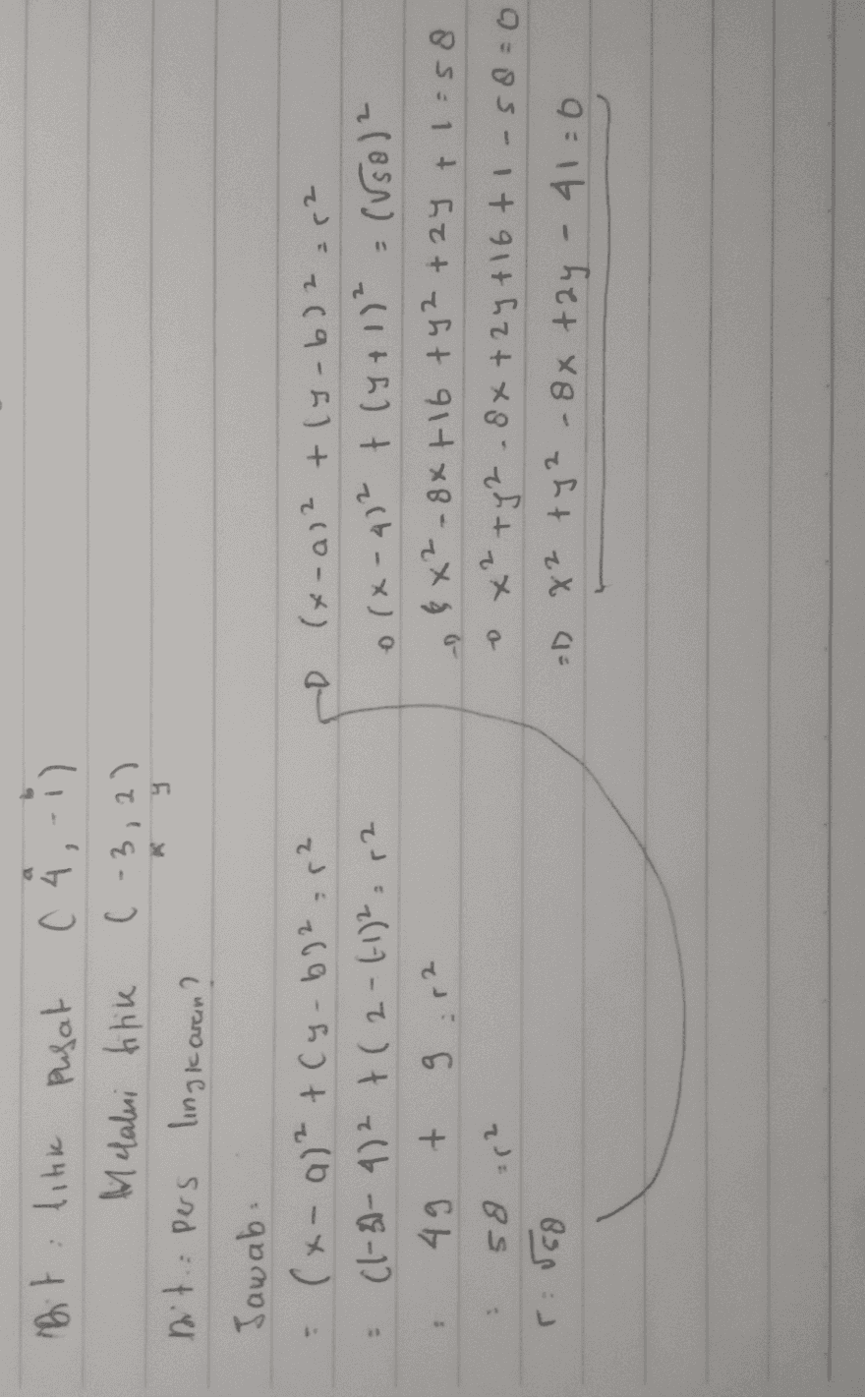 Dit titik Pusat Melabri titik nit: pers lingkaren? C 4,-i) (-3,2) K 2 Jawab: (x- a)² + (y-b2 = 1² (1-31- 402 +(2-1-12 12 49 + 9.12 58 12 rsso - D (x-a)2 +ly-b) 2 =12 0 (x-4)2 + (y + 1)² = ((so)? & x²-86+16 + y2 + 4 +1:58 o x² + y2.8x+2y + 16 +1-58=0 =D X² ty? - 8x +2y 41=0 