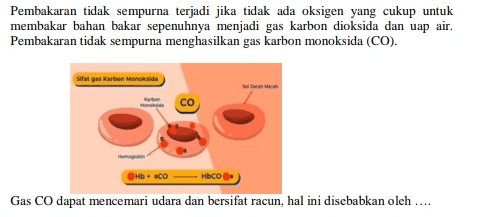 A. Gas CO dapat berikatan dengan hemoglobin membentuk COHb B. Gas CO dapat larut dalam air membentuk CO2-H2 C. Gas CO mudah bereaksi dengan O2 membentuk CO2 yang beracun D. Gas CO berbau busuk dan menusuk E. Gas CO adalah gas yang bersifat reaktif dan mudah bereaksi dengan unsur- unsur lain 
Pembakaran tidak sempurna terjadi jika tidak ada oksigen yang cukup untuk membakar bahan bakar sepenuhnya menjadi gas karbon dioksida dan uap air. Pembakaran tidak sempurna menghasilkan gas karbon monoksida (CO). Sifatgas Karbon Monokside CO ньсо нь • со Gas CO dapat mencemari udara dan bersifat racun, hal ini disebabkan oleh .... 