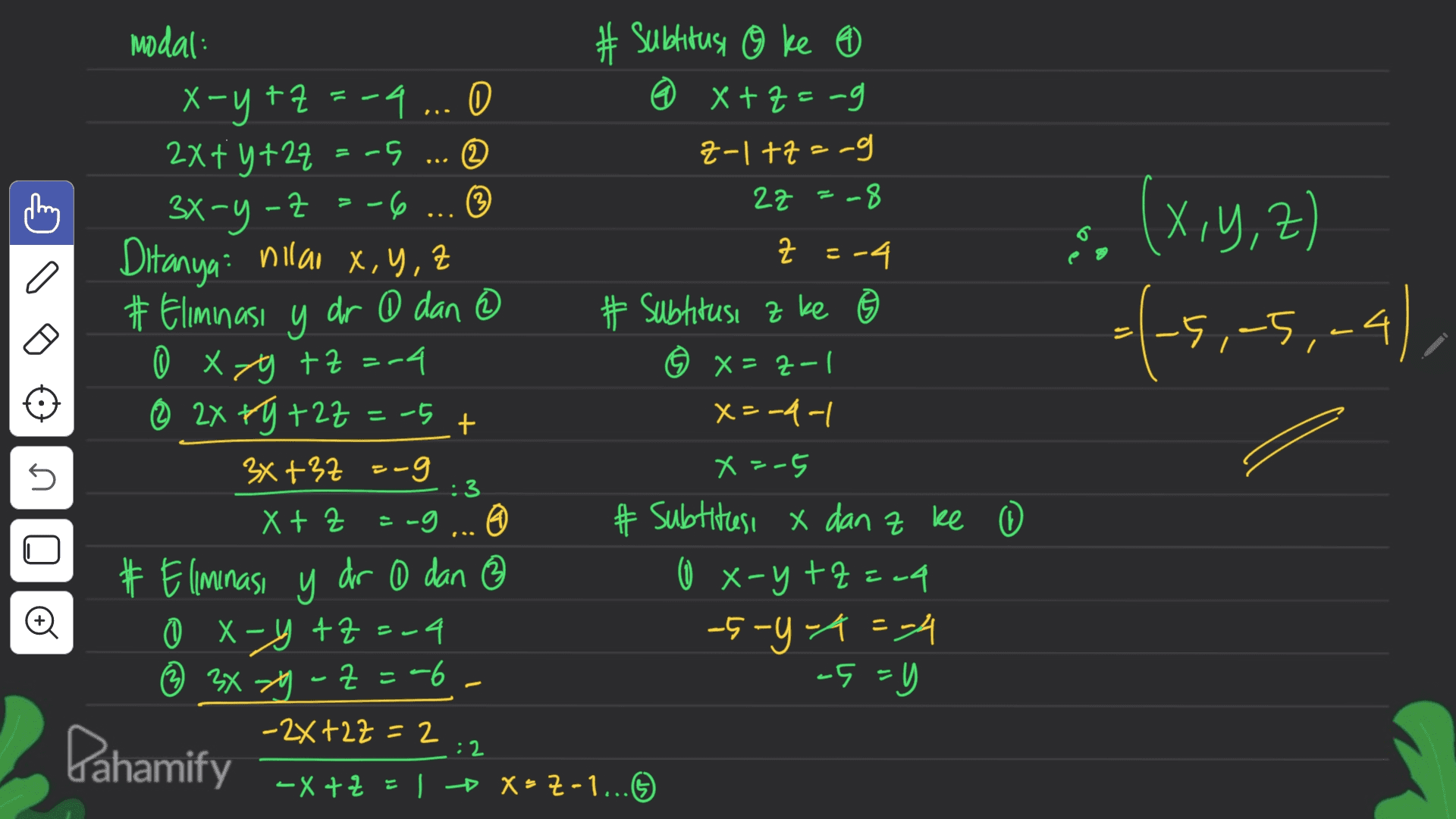 # Sublitus, o ke 6 X +7=-9 Z-1 +7=-g 22 = -8 - 3x-y-z = (x,y,z) z =-4 a xz of, -5,-5,-4). modal: X-y+z=-4 0 2x + y +27 cs © -6 ... © Ditanya nilao x, y, z #Eliminas y dr @ dan y 0 xy +z =24 © 2x +y +z =-5 3x+37 =-9 X + Z -9... @ # Eliminasi y dr D dan ③ # 0 ③ 0 x-y +z =-4 X9 ② 3x zg-z=-6- -2x+22=2 + 2 5 # Subtitusi z ke © x=z-1 x=-4-1 x=-5 # Subtitusi x dan z ke O x-y+z=24 -s-y-A=-4 :3 -5=y Dahamify :2 -X +2 = 1 + x> Z-1... 