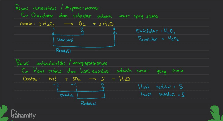 4) 2HCl + Na2f2O₃ 2 NaCl + SO₂ + S + H2O +1 62-2 +2 +41-6 autoredoles A Oksidasi Reduksi 3cl2t 5 NaCl + NaClO₃ + 3H₂O +1 6 NaOH Reduceri Oksidasi autoredoks Pahamify 
1) TO, f SI- + 6H 31₂ + 3 H₂O anti-autoredoles Red Oks Pb + PbO2 + 2H₂SO4 2 PLSO + 2H₂O O anti-cautoredous Oks Red 3) 3 MnO2 + 4H+ Reduksi P MnO2 + 2 MnOA + 2H₂O autoredous Oksidasi Pahamify 
Reaksi autoredoles / disproporsionasi Co Oksidator dan reduktor adalah contoh : 2H2O2 02 + 2H₂O unsur Gang sama O Oksidator H₂O₂ Reduktor H₂O2 Oksidasi Redulesi Reaksi antiautoredoles / komproporsionari Co Hasil reduksi dan hasil susidasi adalah Contoh : Has + SO₂ s + H₂O unsur yang sama +4 O Hasil reclukfis Hasil oksidasi :S Oksidasi Reduksi Dahamify 