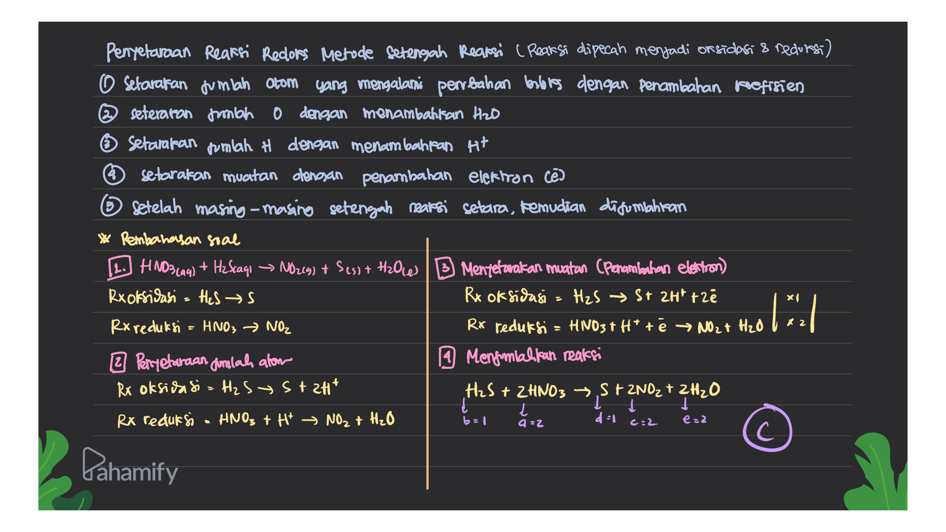 Penyetaraan Reaksi Redlors Metude setengah Reaksi (Reaksi dipecah menjadi on sidasi & recurs) O setarakan jumlah Otom yang mengalami perubahan berlores dengan penambahan koefisien @seteraron fumbo 0 dengan menambahkan Heb Setarakan jumlah H dengan menambahkan Ht setarakan muatan dengan penambahan elektron cē ③ Setelah masing-masing setengah reaksi setara, kemudian digunahitan * Pembahasan soal 11. HNO3(aq) + H2 Scagı → NO2c9) + Scs) + H2O6 → NÖzcg) + Scs) + H2Oce B Mentetavakan muatan (Penambahan elettron) Rx Ofsirisi = H2S s Rx oksidasi = H₂S → S+ 2H²+28 Rx reduksi = HNO3 → NOZ Rx reduksi = HNO3+H* te → NO 2 + H₂O 2 Penyetaraan dumlah alom 9 Menjumlahkan reaksi Rx oksidasi = H₂ syst2H* H2S + 2HNO3 →S + ZNO2 + 2H2O Rx redtuksi HNO3 + H² → NO₂ + H₂O С C b=1 0:1 q=2 c:2 e=2 Pahamify 