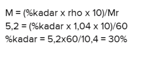 M = (%kadar x rho x 10)/Mr 5,2 = (%kadar x 1,04 x 10)/60 %kadar = 5,2x60/10,4 = 30% 