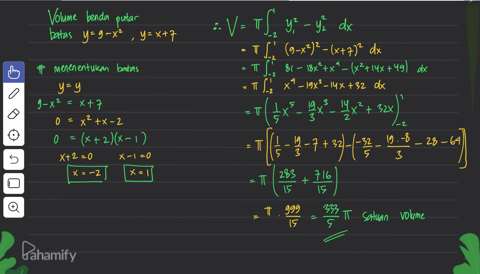 Volume benda putar batas y=g-x² , y=x+7 : V=TS, yz - yi dx TSI (9-x2)2 – (x+7)2 dx = T ( 81 - 18x²+x"_(x²+ 14x +49) dx = I x_198²_14x +32 ok - * menenentukan batas - 2 2 E x+7 T ㅠ ון -2 0 s y=y g-X² 0=4²+x-2 o = (x + 2)(x-1) X+2=0 X-1=0 x = -2] xall EXP_TAXES_TYx* + 3x) = 144 - -7 +32 (4-4-747-43- 19,06-29-6] (en HT - T 716 15 Oo # 999 333 j T satuan volume 15 Pahamify 