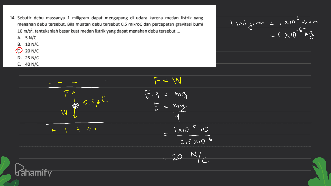 I miligram = (xio 14. Sebutir debu massanya 1 miligram dapat mengapung di udara karena medan listrik yang menahan debu tersebut. Bila muatan debu tersebut 0,5 mikroC dan percepatan gravitasi bumi 10 m/s?, tentukanlah besar kuat medan listrik yang dapat menahan debu tersebut ... A. 5 N/C B. 10 N/C C 20 N/C D. 25 N/C E. 40 N/C gram =1 X10 o kg Fr 0.5uC F-W E.q= mg E mg 이 11 W t t t tt 1 xio = 11 10 0.5 x10-6 = 20 M/ Pahamify 