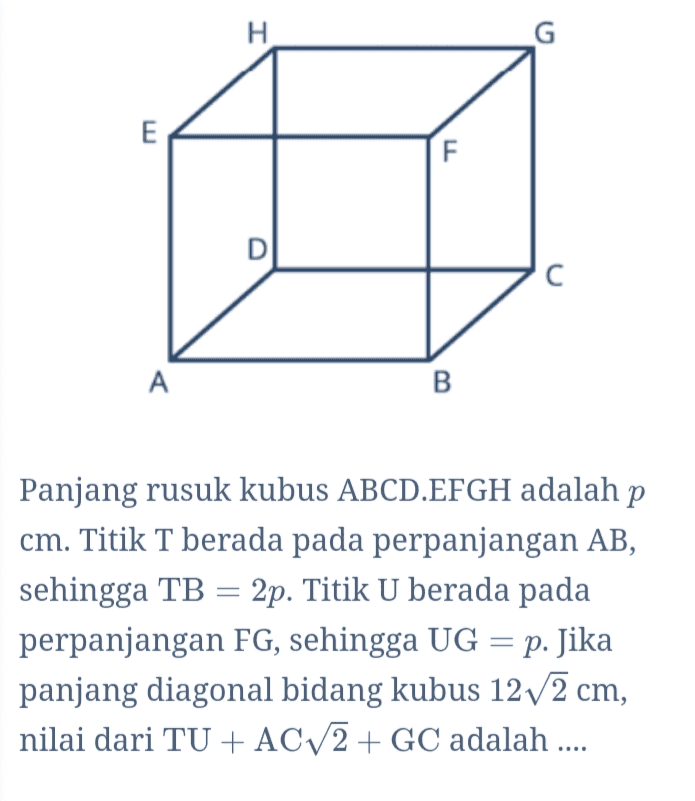 Н. G E F С A B Panjang rusuk kubus ABCD.EFGH adalah p cm. Titik T berada pada perpanjangan AB, sehingga TB = 2p. Titik U berada pada perpanjangan FG, sehingga UG panjang diagonal bidang kubus 12v2 cm, nilai dari TU + ACV2 + GC adalah .... p. Jika 
