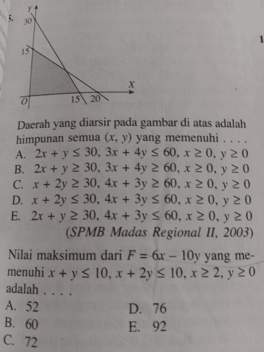 30 1 X 15 20 Daerah yang diarsir pada gambar di atas adalah himpunan semua (x, y) yang memenuhi .... A. 2x + y < 30, 3x + 4y = 60, 120, y 2 0 B. 2x + y 30, 3.x + 4y = 60, x 20, y 2 0 C. x + 2y 2 30, 4x + 3y 2 60, x 20, y 2 0 D. x + 2y < 30, 4x + 3y = 60, x 20, y 2 0 E. 2x + y 2 30, 4x + 3y = 60, x 20, y20 (SPMB Madas Regional II, 2003) Nilai maksimum dari F = 6.1 - 10y yang me- menuhi x + y = 10, x + 2y < 10, x 2 2, y 2 0 adalah .... D. 76 E. 92 A. 52 B. 60 C. 72 