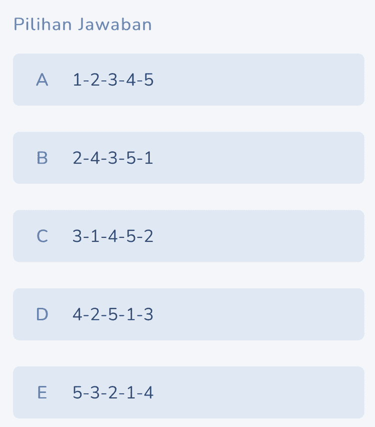 Pilihan Jawaban A 1-2-3-4-5 B 2-4-3-5-1 С 3-1-4-5-2 D 4-2-5-1-3 E 5-3-2-1-4 
Perhatikan pernyataan-pernyataan berikut ini! 1. Buku Besar 2. Kertas Kerja 3. Jurnal Umum 4. Neraca Saldo 5. Jurnal Penyesuaian Susunan pencatatan dan pengikhtisaran akuntansi pada perusahaan jasa yang tepat 