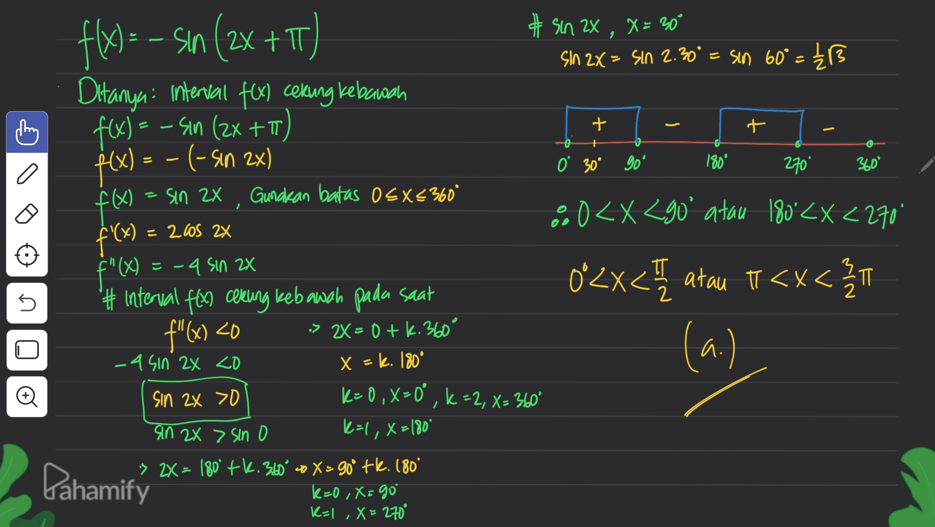 X * #sin 2x , X= 30° sin 2X= sin 2.30 = sin 60° = £13 ° = f(x)= - Sun (2x +T) + Ditanya: Interval text cekung kebawah fW) = – Sın (2x +T) (x f(x) = - (- sin 2x) ) ching + + + . O 30° go 180 270 360° f(x) = sin 2x f(x Gunakan batas OSX¢360° 1 fa f'(x) 8 0 < X <90° atau 180° EX <270' = 265 2x T << 2 2 s U 0°2x< 1 atau t <x<2 T 1 / 1 (a.) a f"(x) <0 Đ F"(x) = -4 sin 2x 2X # interval fex celuing kebawah pada saat > 2X=0+ k.360° -a sin 2x co x - k. 180° sin 2x >0 k=0, x=0, k=2, X= 360° sin 2x > Sin 0 kal, X=180 » 2X = 180° tk. 360° 4 X = 90° tle. 180° k=0, X= go K=1 , X=270° Pahamify 