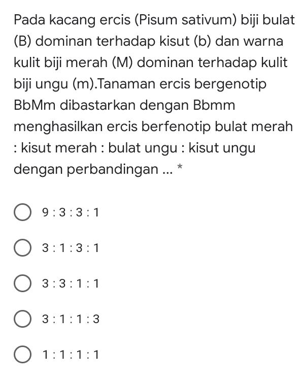 Pada kacang ercis (Pisum sativum) biji bulat (B) dominan terhadap kisut (b) dan warna kulit biji merah (M) dominan terhadap kulit biji ungu (m).Tanaman ercis bergenotip BbMm dibastarkan dengan Bbmm menghasilkan ercis berfenotip bulat merah : kisut merah : bulat ungu: kisut ungu dengan perbandingan ... ? 9:3:3:1 3:1:3:1 3:3:1:1 O 3:1:1:3 : O 1:1:1:1 : 