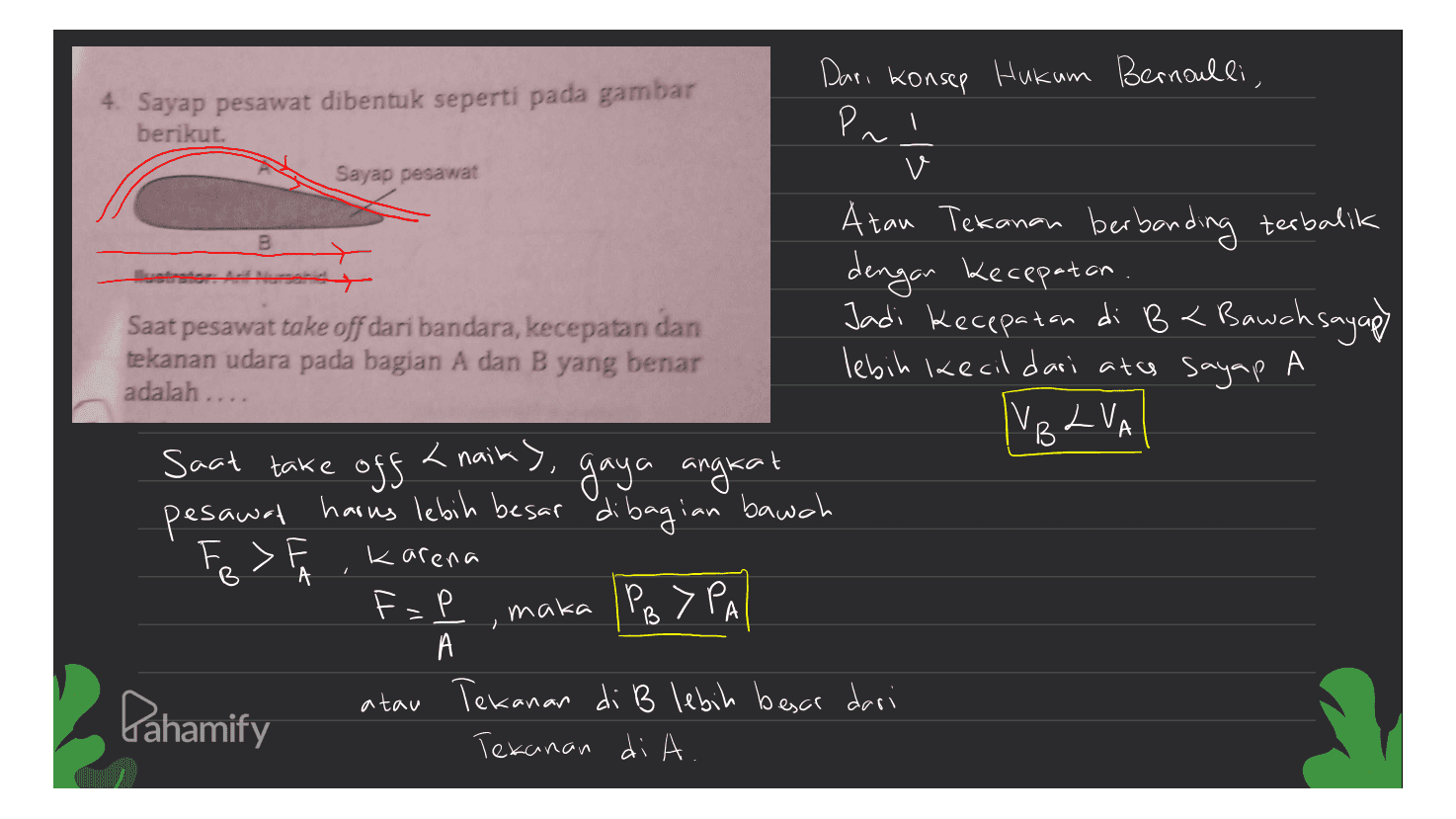 Sayap pesawat B llustrator: A. Nah Dari konsep Hukum Bernoulli, 4. Sayap pesawat dibentuk seperti pada gambar berikut. Pnl V Atau Tekanan berbanding terbalik dengan kecepatan. Saat pesawat take off dari bandara, kecepatan dan Jadi Kecepatan di B< Bawah sayap tekanan udara pada bagian A dan B yang benar lebih kecil dari atas sayap A adalah VBLVA Saat take k naik) gaya angkat pesawat harus lebih besar dibagian bawah Fe > F , karena F =P maka PB > PA А atau Tekanan di B lebih besar dari Tekanan di A. А off A Pahamify 