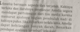 Amelia bermain sepeda dan terjatuh. Kakinya terluka dan darahnya memancar. Amelia segera mendapat pertolongan dari tim medis karena menurut ayahnya bagian pembuluh nadi di kakinya putus. Jika dibiarkan terlalu lama, Amelia dapat kehilangan banyak darah. Benarkan pendapat ayahnya tersebut? Ielaskan 