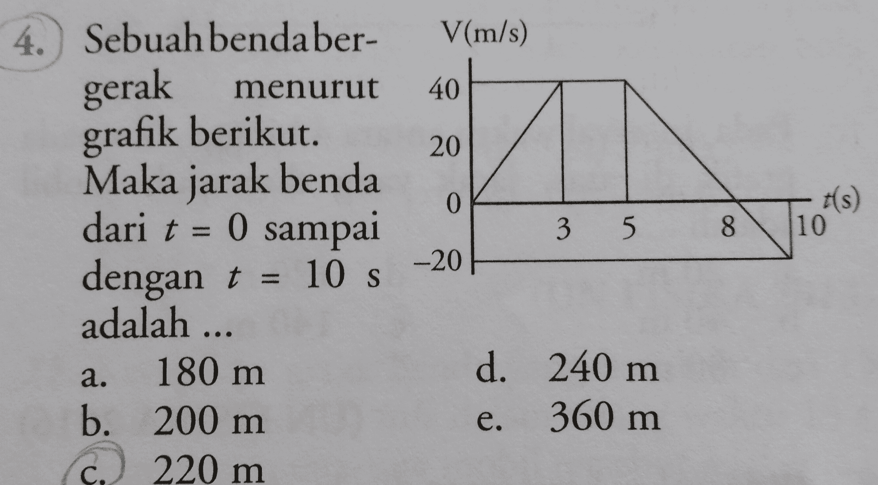 20 0 4. Sebuah bendaber- V(m/s) gerak menurut 40 grafik berikut. Maka jarak benda dari t = 0 sampai 3 5 -20 dengan t = 10 s adalah ... 180 m d. 240 m b. 200 m 360 m 8 10 -- . a. e. C. 220 m 