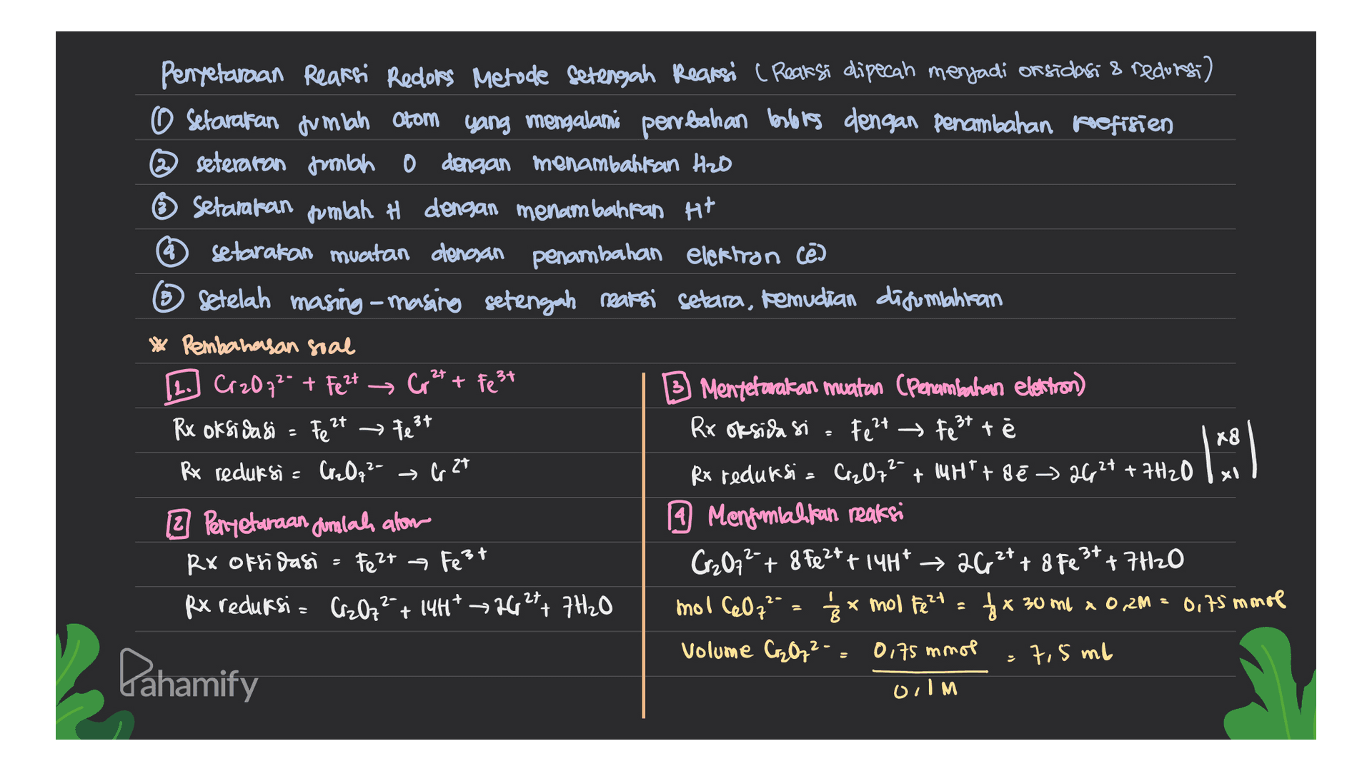 Penyelaraan Reaksi Redlors Metode Setengah Reapsi ( Reaksi dipecah menjadi orsidasi & redures) O Setarakan dumlah atom yang mengalami perrbahan balles dengan penambahan koefisien @seteraran pembah 0 dengan menambahkan Hab Setarakan tumlah H dengan menambahkan H+ setarakan muatan dengan penambahan elektron ce 6 setelah masing-masing setengah reaksi setara, kemudian digunahitan * Pembahasan soal 1. Cr₂O72- + Fe2t → G2 + test Menterarakan muatan (Penambahan elektron) Rx oksidasi = Fe 2+ ₃te3t Rx oksidasi : Fe2+ → Fe 3t tē Rx reduksi = Cr₂O72- → G 27 Ro reduksi = Cr2O72- +uHtt de - 262+ + 7H2O [2 Penyetaraan jumlah alom 9 Mengunlahkan reaksi Rx offivasi Feet Feet Cr2O7²- + 8 Fe 2 + 14H* → 26 27 + 8 Fe 3+ + 7420 Rx reduksi= Cr₂O7²- + 14H* → 26 27 *+ 7H20 nol Ce042 - Ź x mol Fe?= $x 30 ml x 0,2M 0.75 mmol volume Cr2O72- 0,75 mmol 7,5 ml oilm the per le persone conto ac** *31.0 ) Pahamify 