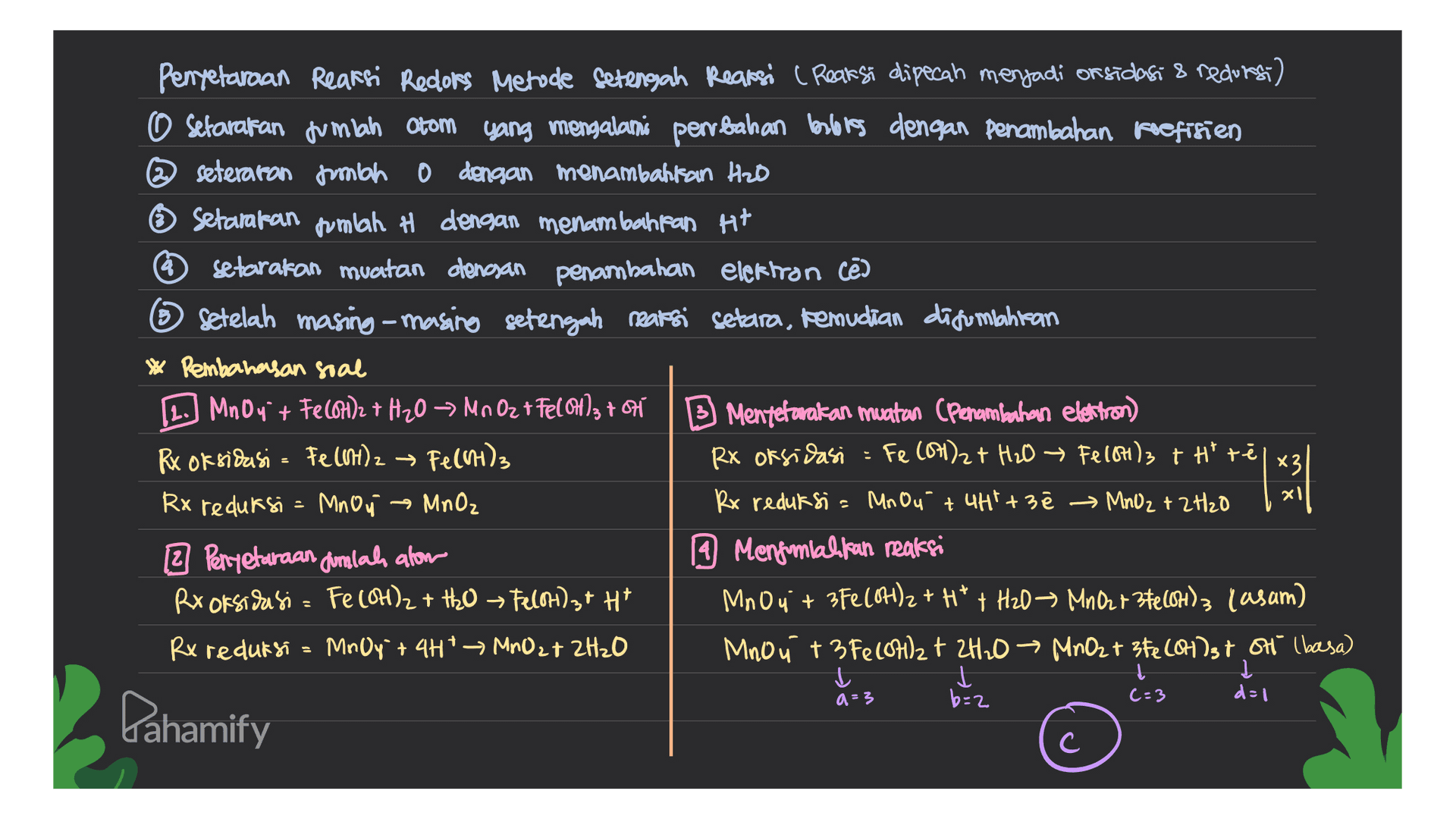 Penyetaraan Reaksi Redlors Metode Setengah Reaksi (Reaksi dipecah menjadi on sidasi & recurs) o setarakan jumlah Otom yang mengalami perubahan berlores dengan penambahan koefisien @seteraron mbo 0 dengan menambahkan HzD Setamaran pumlah # dengan menambahkan H+ * setarakan muatan dengan penambahan elektron cē ③ Setelah masing-masing setengah reaksi setara, kemudian digunahitan * Pembahasan soal [1. MnOy't Fe(OH)2 + H₂O → Mn Oz & Felolla to B Menterarakan muatan penambahan elektron) Rx oksidasi - Fe(OH)2 → FeldH)3 Rx oksidasi - Fe(OH)2 + H2O → Felsh)3 + Ht te Rx reduksi = Mnoy MnO₂ Rx reduksi = Mr Ou + 4H+ 3ē → MnO2 + 2H20 Lt 2 Penyetaraan dinilah atom 9 Mengomlakkan reaksi Rx oksidasi - Fe(OH)2 + H2O → Feldi) 3* H* MnOu + 3Fe(OH)2 + H+ + H2O → MnO2 + 3+ (011)lasam) Rx reduksi = MnOy + 4H+ → MnO2 + 2H₂O Mnou +3 Fe(OH)2 + 2H₂O → MnO₂ + 3Fe(at)st on (basa) l Į ㄹ b=2 Dahamify с C 13 t C=3 a=3 d=1 