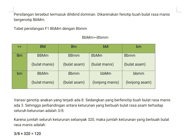 Persilangan tersebut termasuk dihibrid dominan. Dikarenakan fenotip buah bulat rasa manis bergenotip BbMm. Tabel persilangan F1 BbMm dengan Bbmm BbMm><Bbmm BM Bm bМ bm Bm BBMm BBmm BbMm Bbmm (bulat manis) (bulat asam) (bulat manis) (bulat asam) bm BbMm Bbmm bbmm bbMm (lonjong manis) (bulat manis) (bulat asam) (lonjong asam) Variasi genotip anakan yang terjadi ada 8. Sedangkan yang berfenotip buah bulat rasa manis ada 3. Sehingga perbandingan antara keturunan yang berbuah bulat rasa asam terhadap seluruh keturunan adalah 3/8. Karena jumlah seluruh keturunan sebanyak 320, maka jumlah keturunan yang berbuah bulat rasa manis adalah: 3/8 x 320 = 120 
